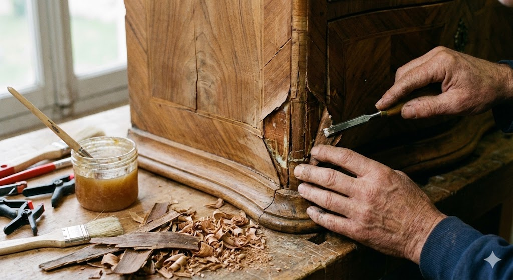 Detail of restoration work on an antique piece of furniture